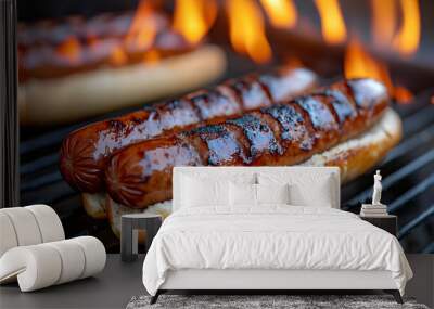 Grilled Hot Dogs on Bun with Flames in Background Wall mural