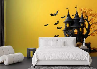 Halloween Haunted House with Bats and Pumpkins on Yellow Background Wall mural