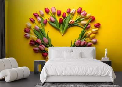 Heart-shaped arrangement of tulips on yellow background, tulips, heart, flowers, yellow, love, romance, bouquet, spring Wall mural