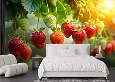 Juicy ripe strawberries hanging from green leaves in a sunlit garden , strawberries, ripe, red, picking, garden, foliage Wall mural