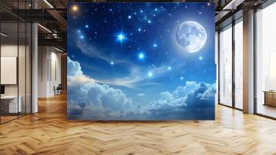 Landscape featuring a serene night sky with a bright moon and twinkling stars , stars, moon, night, sky, landscape, peaceful Wall mural