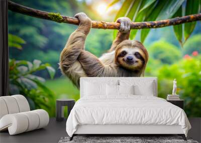 Lazy sloth hanging from a tree branch in a tropical rainforest, sloth, hanging, tree branch, lazy, cute, tropical, rainforest Wall mural