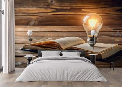 Light bulb and book on wooden surface, knowledge, education, inspiration, reading, creativity, learning, idea Wall mural