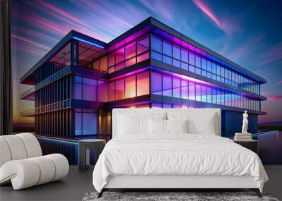 Modern abstract building with glowing edges against gradient dark blue and purple sky , architecture Wall mural