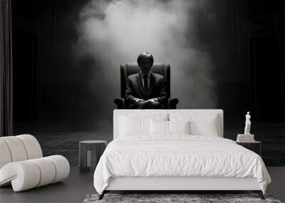 Mysterious Man in Suit Sitting in a Chair with Smoke, dark, shadowy, silhouette, enigmatic, businessman Wall mural