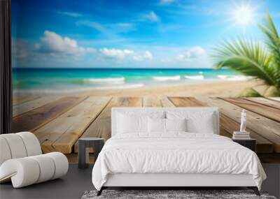 Old wooden table top with a blurred beach background ideal for a summer vacation scene, summer, beach, sea, relax, wood, table Wall mural