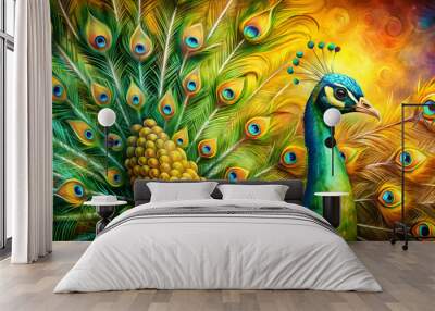 Painting of a majestic peacock with vibrant gold and green feathers , peacock, painting, art, feathers, gold, green Wall mural