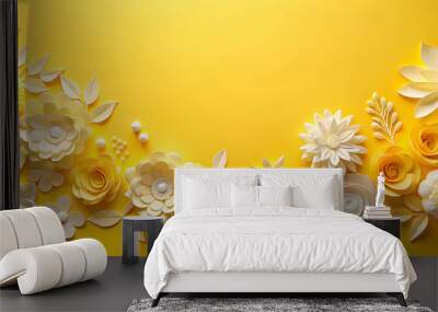 Paper flowers on bright yellow background with space for text, paper, flowers, yellow, background, copy space, decoration Wall mural