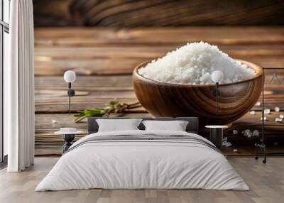 Pile of salt in a decorative bowl on a wooden table , seasoning, condiment, cooking, ingredient, kitchen, white Wall mural