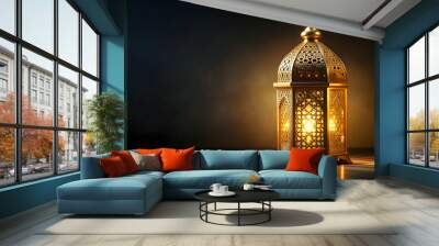 Ramadan golden lantern with intricate designs on a dark background, Ramadan, lantern, golden, intricate, designs Wall mural