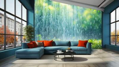 Relaxing heavy rain shower under the spring or summer sun , Rain, Shower, Sunshine, Springtime, Summer, Relaxing, Nature Wall mural