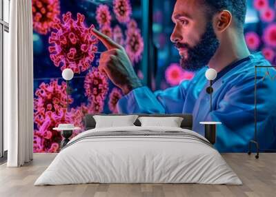 Scientist Studying Coronavirus Under Microscope, covid-19, laboratory, research, analysis, biology Wall mural