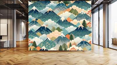 Seamless modern Japanese pattern mountain collage graphic background, seamless, modern, Japanese, pattern, mountain Wall mural