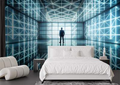 Silhouette of a person standing in an illuminated geometric hall with a reflection on the floor, silhouette, person Wall mural