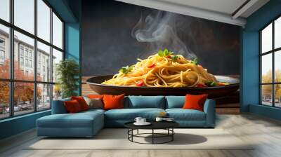 Steaming hot plate of freshly made noodles , noodles, pasta, food, cuisine, Italian, delicious, meal, steamy, plate, kitchen Wall mural