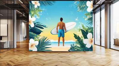 Surfer Standing with Surfboard on Beach Framed by Tropical Foliage Wall mural