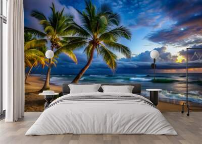 Tropical night on a Hawaiian beach with palm trees, sand, and ocean waves , palm tree, Hawaii, night, beach, tropical, island Wall mural