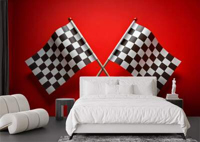 Two checkered flags on red background, checkered flags, racing, red surface, competition, victory, finish line, triumph Wall mural