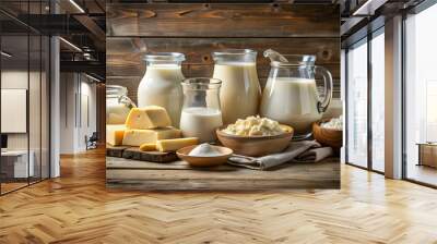 Variety of dairy products including milk, cheese, yogurt, and butter on a wooden table, dairy, products, milk, cheese Wall mural