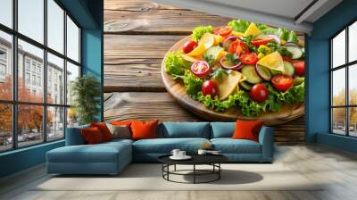 Vegetable salad with chips in a wooden plate on a wooden table, vegetarian, healthy, food, snack, fresh, colorful Wall mural