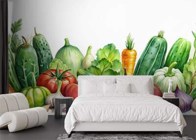 Watercolor drawing of various vegetables including cucumber , healthy, food, vegetarian, watercolor, drawing, vegetables Wall mural