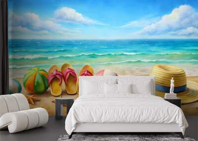 Watercolor of a sunny vacation scene with a sun hat, beach balls, sea shells, watermelon slice, and flip flops , Summer solstice Wall mural