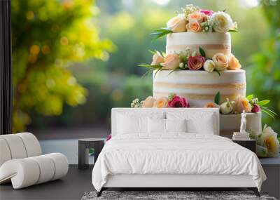 Wedding cake adorned with fresh flowers, wedding, cake, floral, bouquet, celebration, reception, dessert, marriage Wall mural