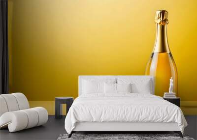 Yellow bottle of champagne isolated on a background, celebration, alcohol, beverage, luxury, elegant, glass, drink, festive Wall mural