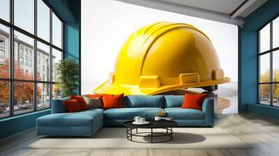 Yellow safety helmet on a white background, yellow, safety, helmet, hard cap, isolated, white, background, construction Wall mural