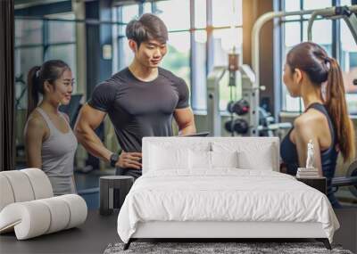 Young Asian male trainer instructing and explaining exercise menu to female gym members , gym, instructor, gym trainer, Asian Wall mural