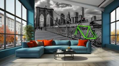 Exploring the Vibrant Contrast of a Green Bicycle Against a Black-and-White Cityscape A Visual Journey Across the Brooklyn Bridge Wall mural