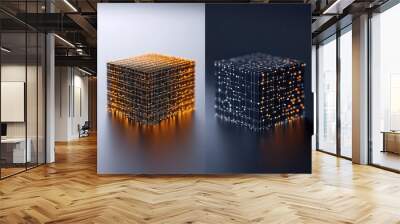 Two interconnected cubes, one illuminated in warm tones and the other in cool tones, represent the complex and contrasting nature of digital networks and the flow of information Wall mural