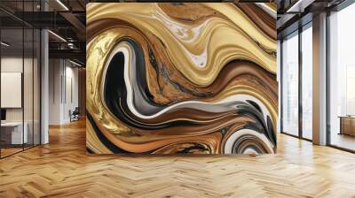 An abstract design featuring swirling patterns in gold, black, and white. The fluid shapes create a sense of movement and depth, resembling marble or liquid metal Wall mural