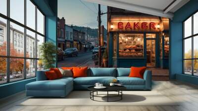 Bakery shop with donuts, view from outside and perspective of street at evening Wall mural