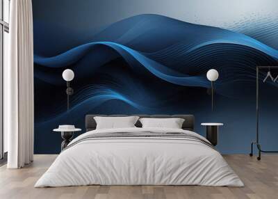 Flowing blue waves over black background with dots, creating a sense of depth and motion in the design. Wall mural