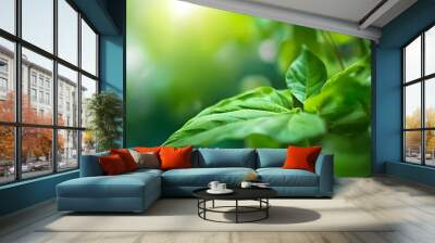 Amazing nature view of green leaf on blurred greenery background in garden and sunlight with copy space using as background natural green plants landscape, ecology, Generative AI Wall mural