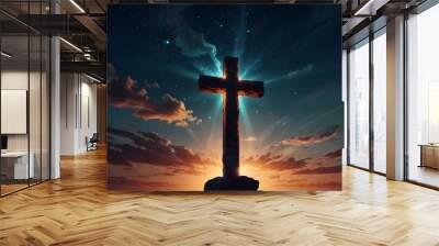 Religion symbol shape . Dramatic nature background , Glowing cross in sky . Happy Easter. Light from sky . Religion background. Generative AI Wall mural