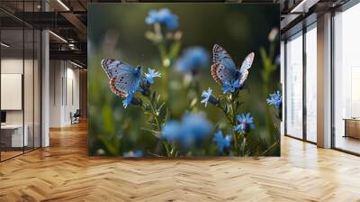 Wild light blue flowers in field and two fluttering butterfly on nature outdoors, close-up macro. Magic artistic image. Generative AI Wall mural