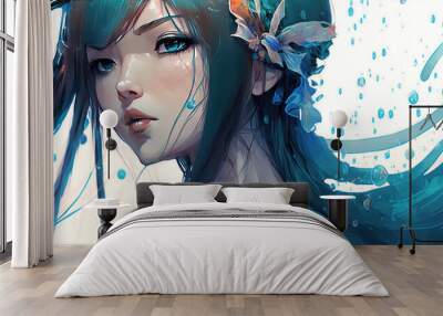 a beautiful blue haired mermaid girl in anime manga style, generative ai technology Wall mural