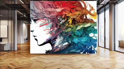 a cool and modern looking anime banner of a boy with hair in different colors, generative ai technology Wall mural