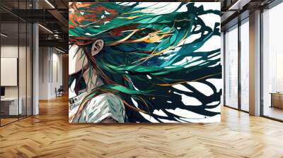 a cool anime girl banner illustration, long green hair, generative ai technology Wall mural