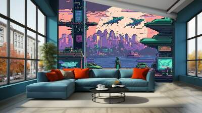 a cool epic scifi pixel art of a man standing in front of a big city with fantasy flying creatures, generative ai technology Wall mural