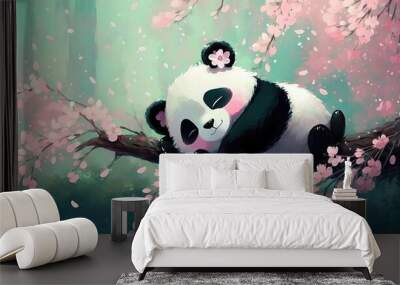 a cute baby panda sleeping on a cherry tree, pretty cartoon style , generative ai technology Wall mural