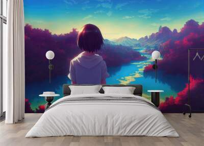 a lonely girl standing in front of a big river, thinking Wall mural