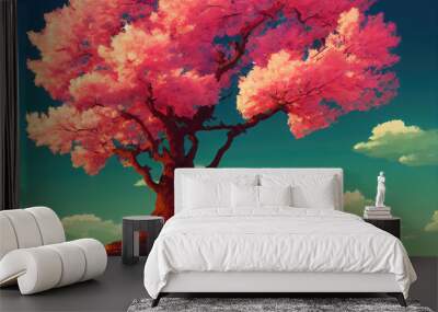 a single cherry tree with people walking there, anime manga illustration Wall mural