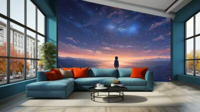 a wide impressive scifi landscape with a girl standing in front, ai generated image Wall mural