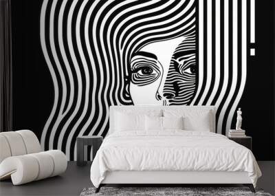 a woman face in an abstract modern art with lines, oneline, generative ai technology Wall mural