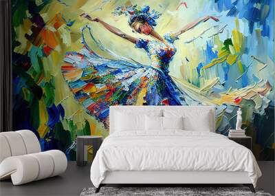 a woman in a big dress dancing with different colors, oil painting style, generative ai technology
 Wall mural