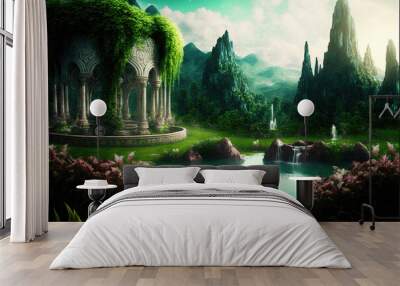 a wonderful antique place on the medieval earth with a small lake, peaceful rest, generative ai technology Wall mural