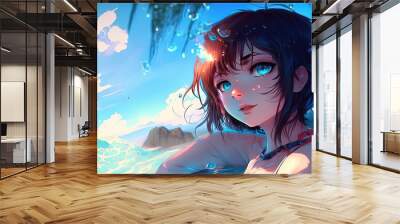 a wonderful attractive anime girl with blue eyes is standing at the beach, poster illustration, generative ai technology Wall mural